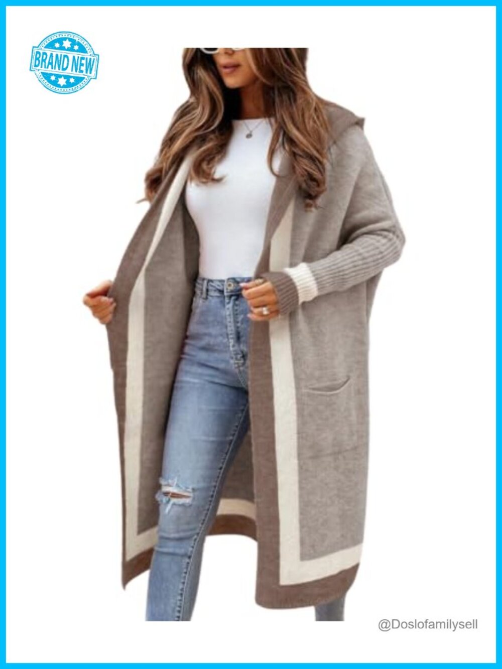 Womens Oversized Hooded Long Cardigan Sweater with Pockets Striped